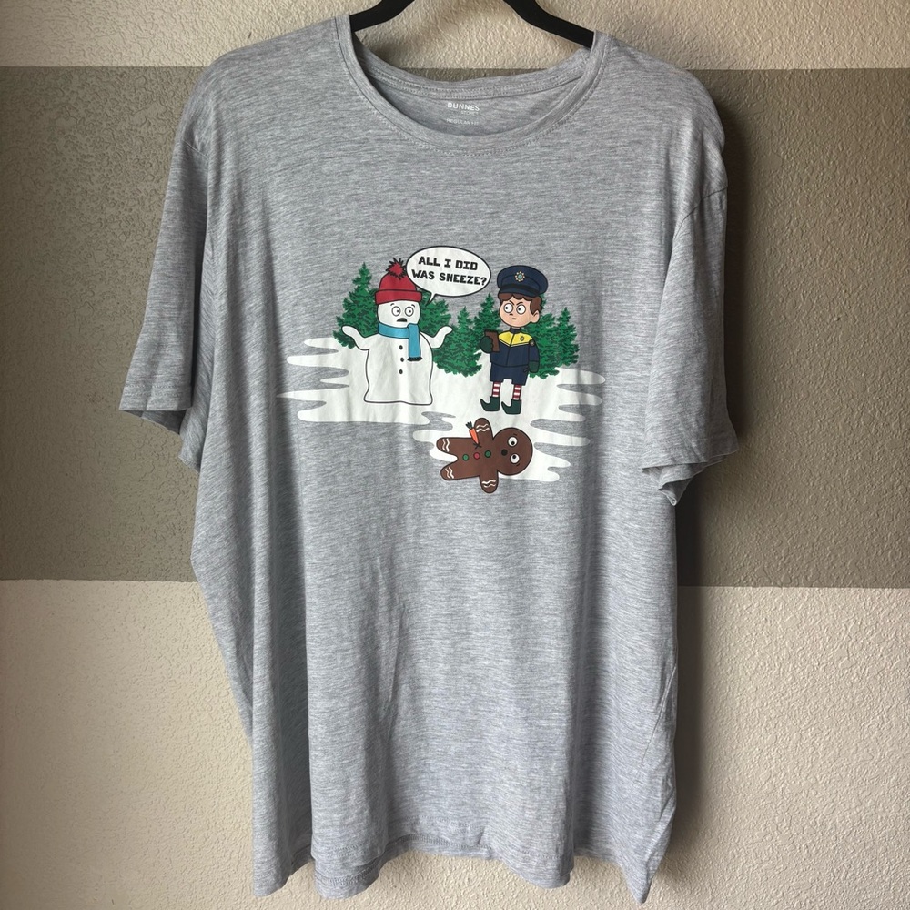 Dunnes Stores Men’s XL Funny Graphic Comic Christmas Holiday Tee T Shirt Grey